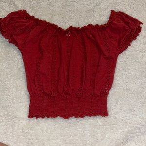 Red ruffle top, size medium, brand paper + tee.